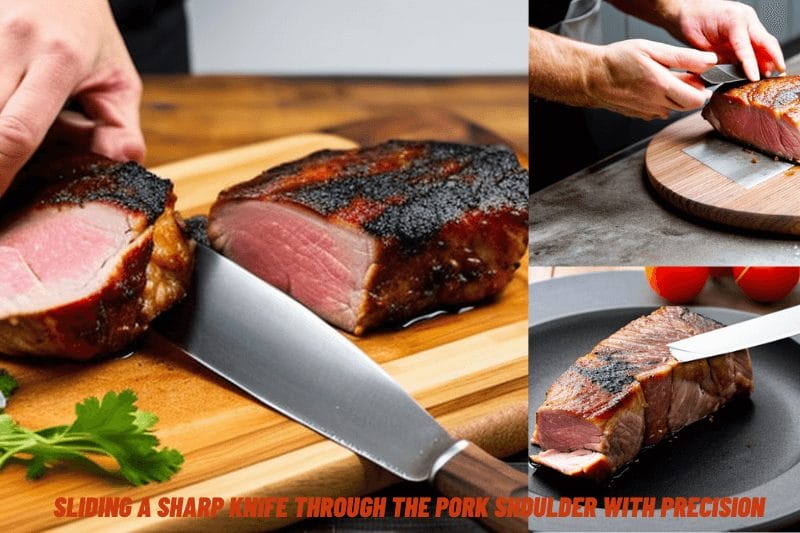 Sliding a sharp knife through the pork shoulder with precision